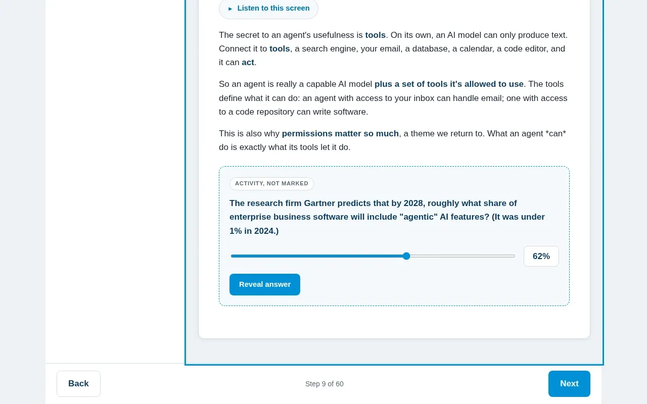 AI Agents for Business course screen: an interaction from the course