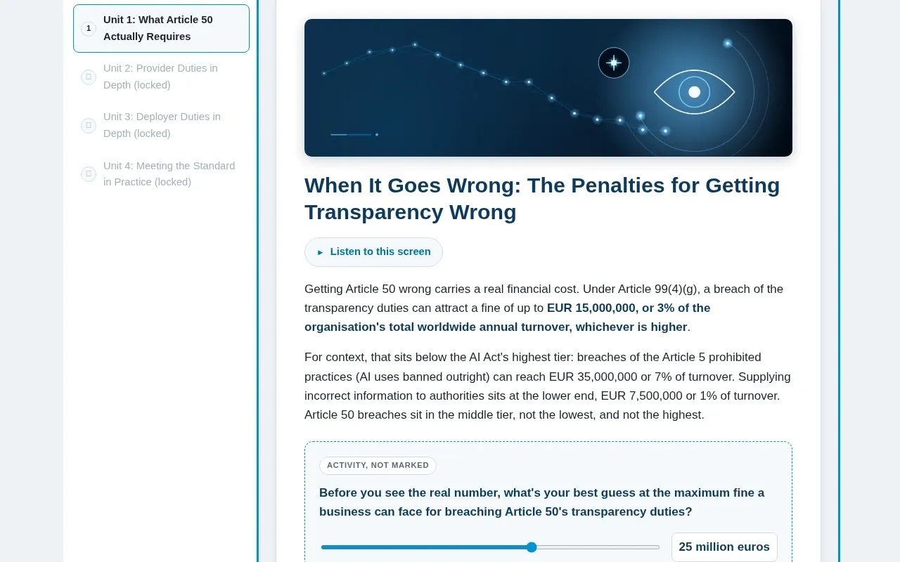 AI Content Law 2026: Are You Already Breaking It? course screen: an interaction from the course