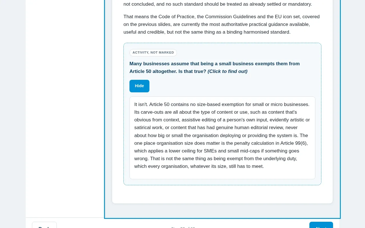 AI Content Law 2026: Are You Already Breaking It? course screen: an interaction from the course