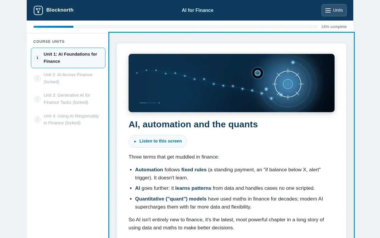 AI for Finance course screen: an interaction from the course