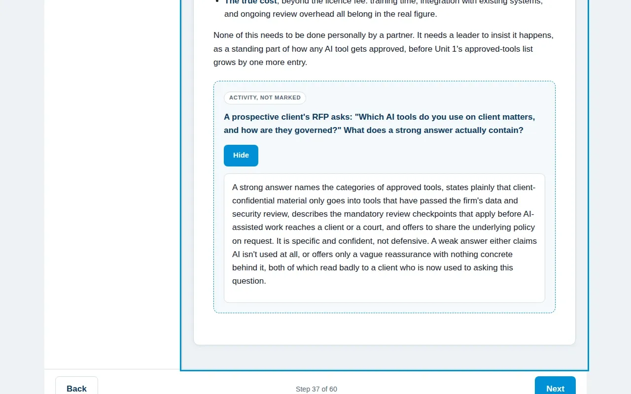 AI for Law Firm Partners & Practice Leaders course screen: an interaction from the course