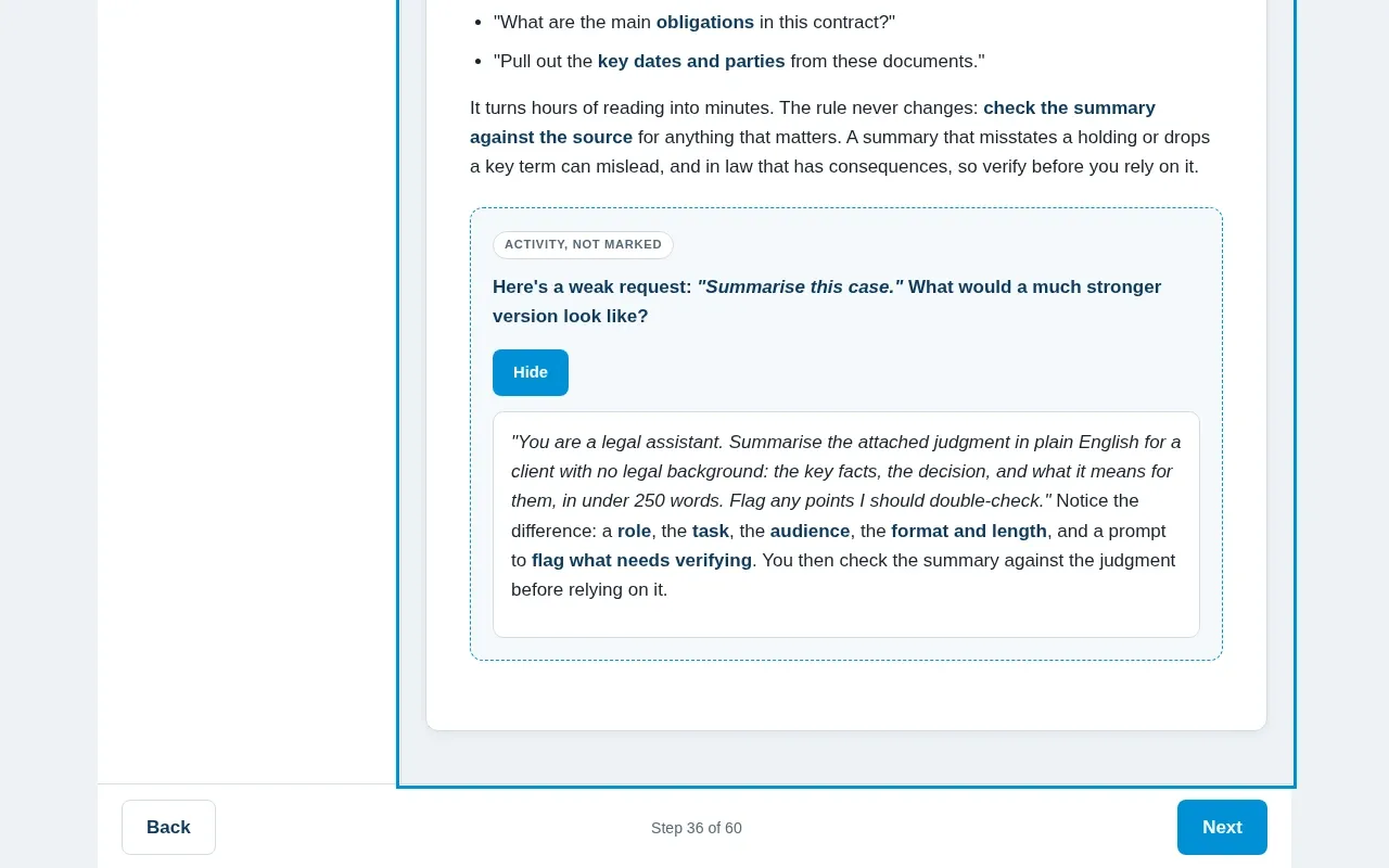AI for Law course screen: an interaction from the course