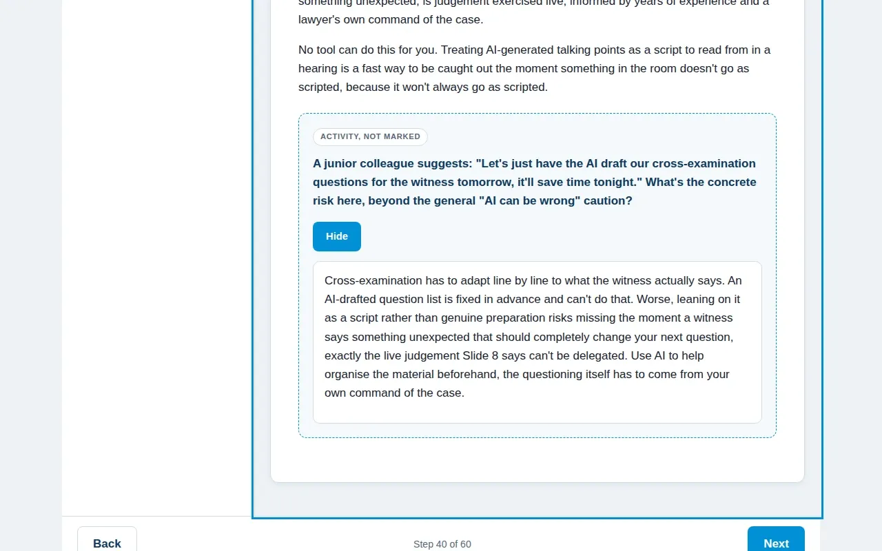 AI for Litigation & Disputes course screen: an interaction from the course