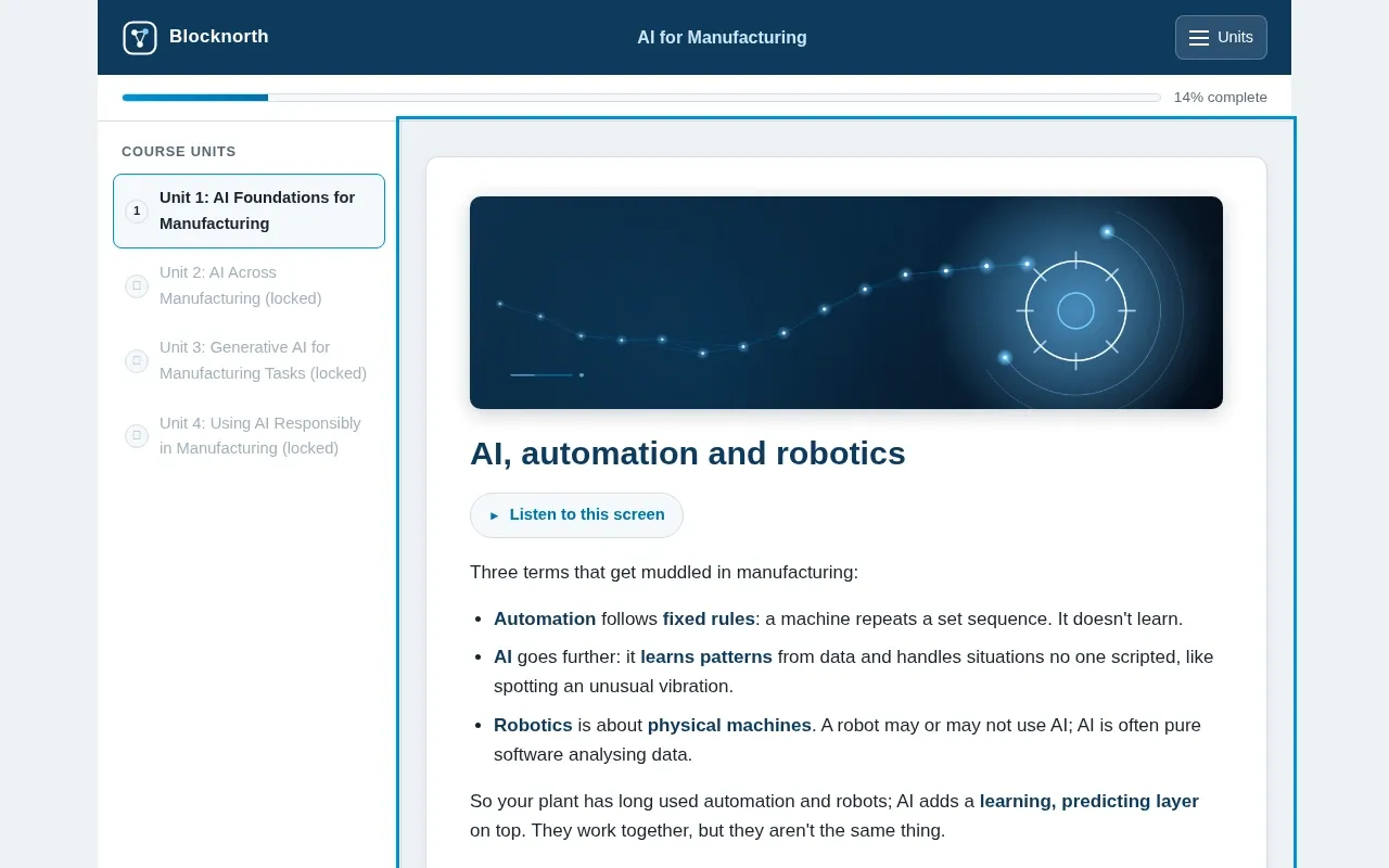 AI for Manufacturing course screen: an interaction from the course