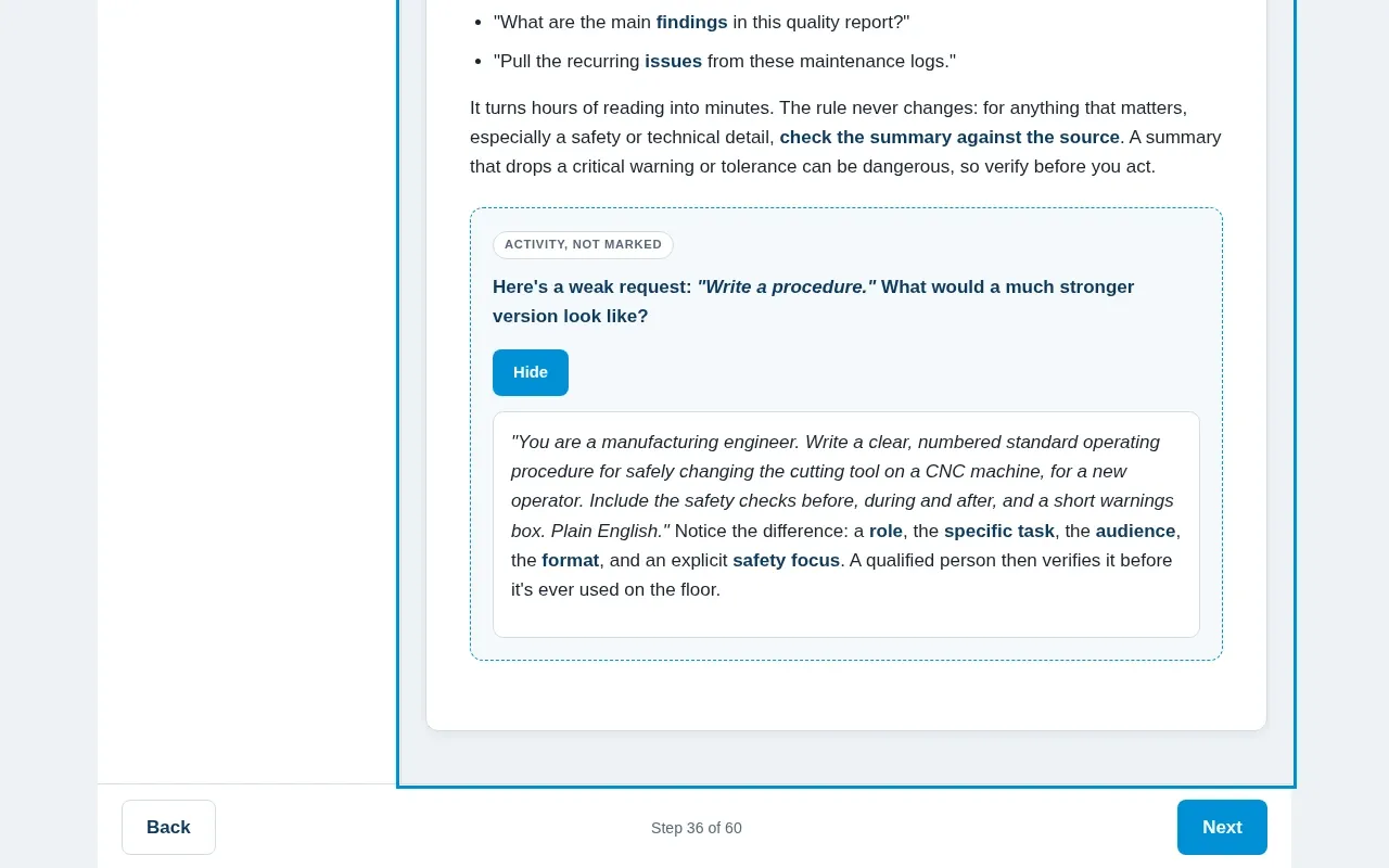 AI for Manufacturing course screen: an interaction from the course
