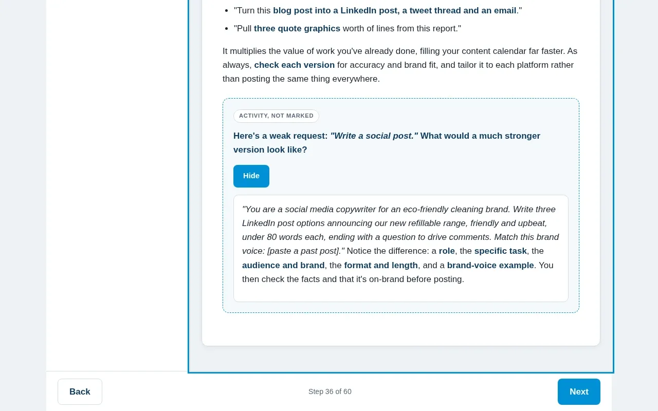 AI for Marketing course screen: an interaction from the course