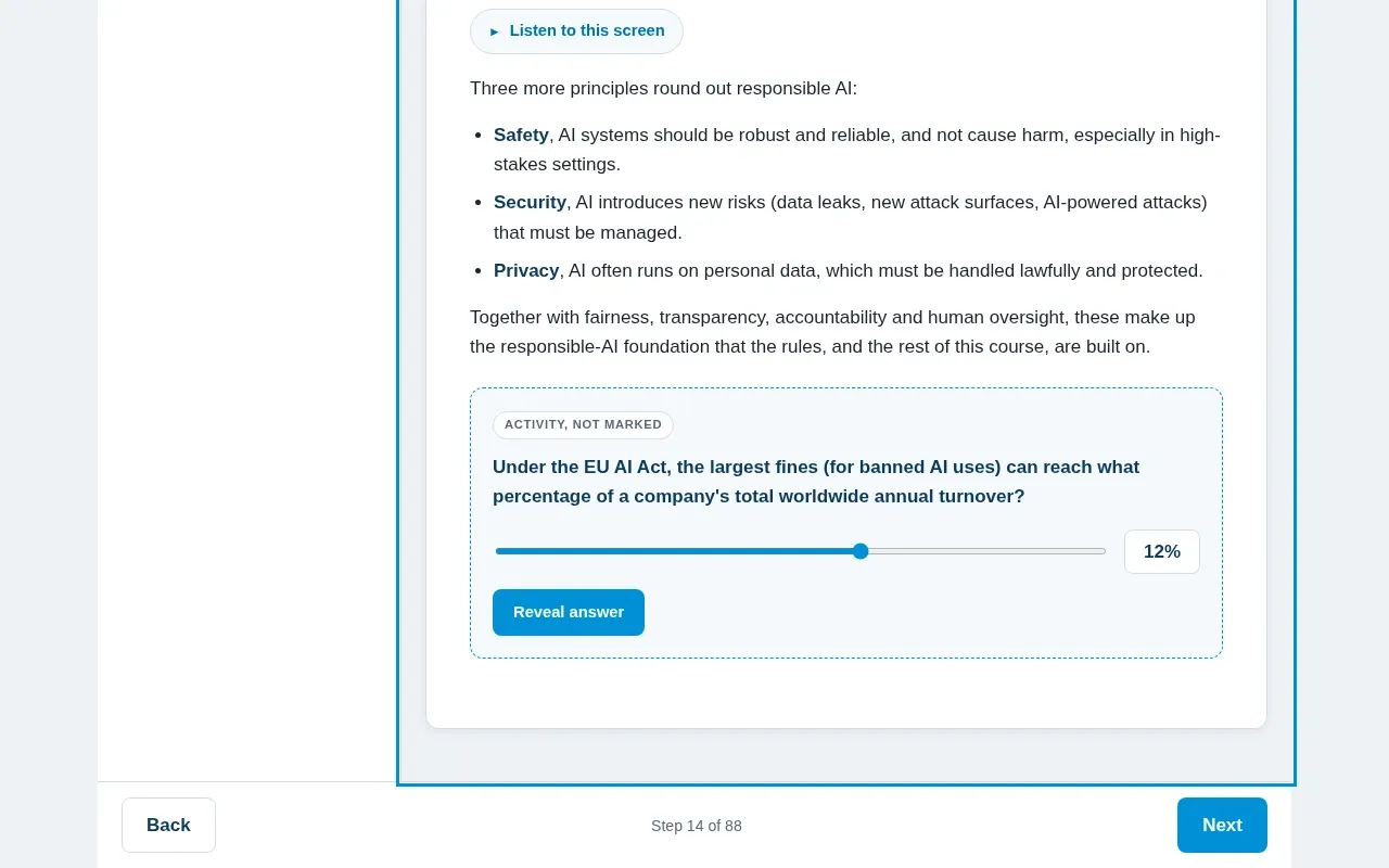 AI Governance for Business 101 course screen: an interaction from the course