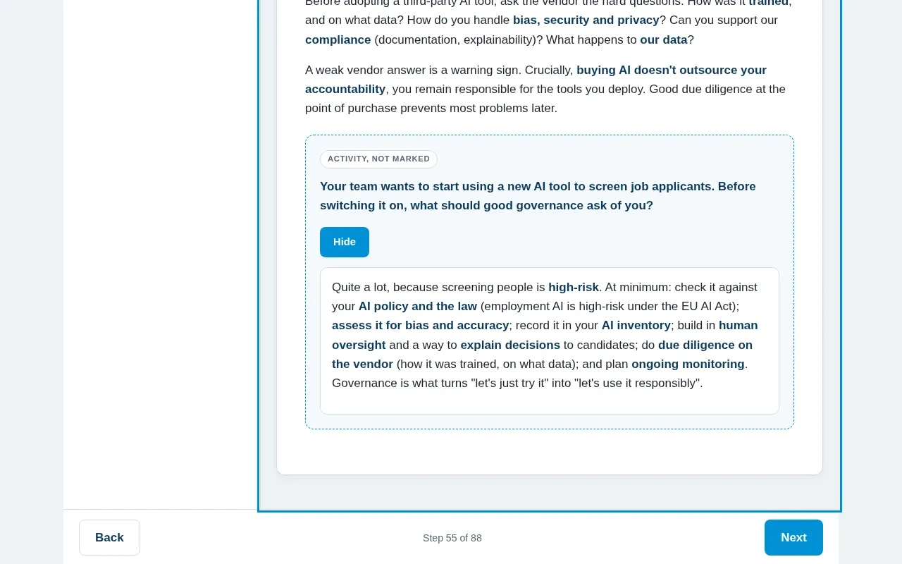 AI Governance for Business 101 course screen: an interaction from the course