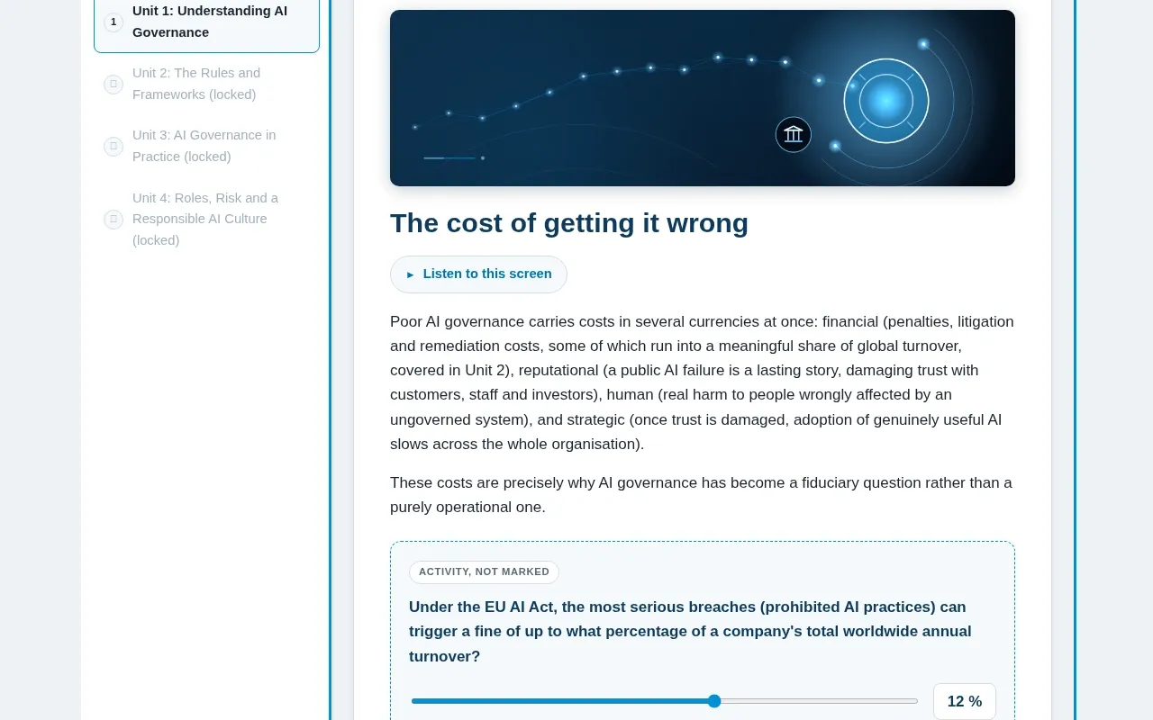 AI Governance for Executives & Board course screen: an interaction from the course