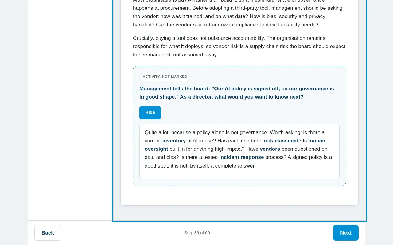 AI Governance for Executives & Board course screen: an interaction from the course