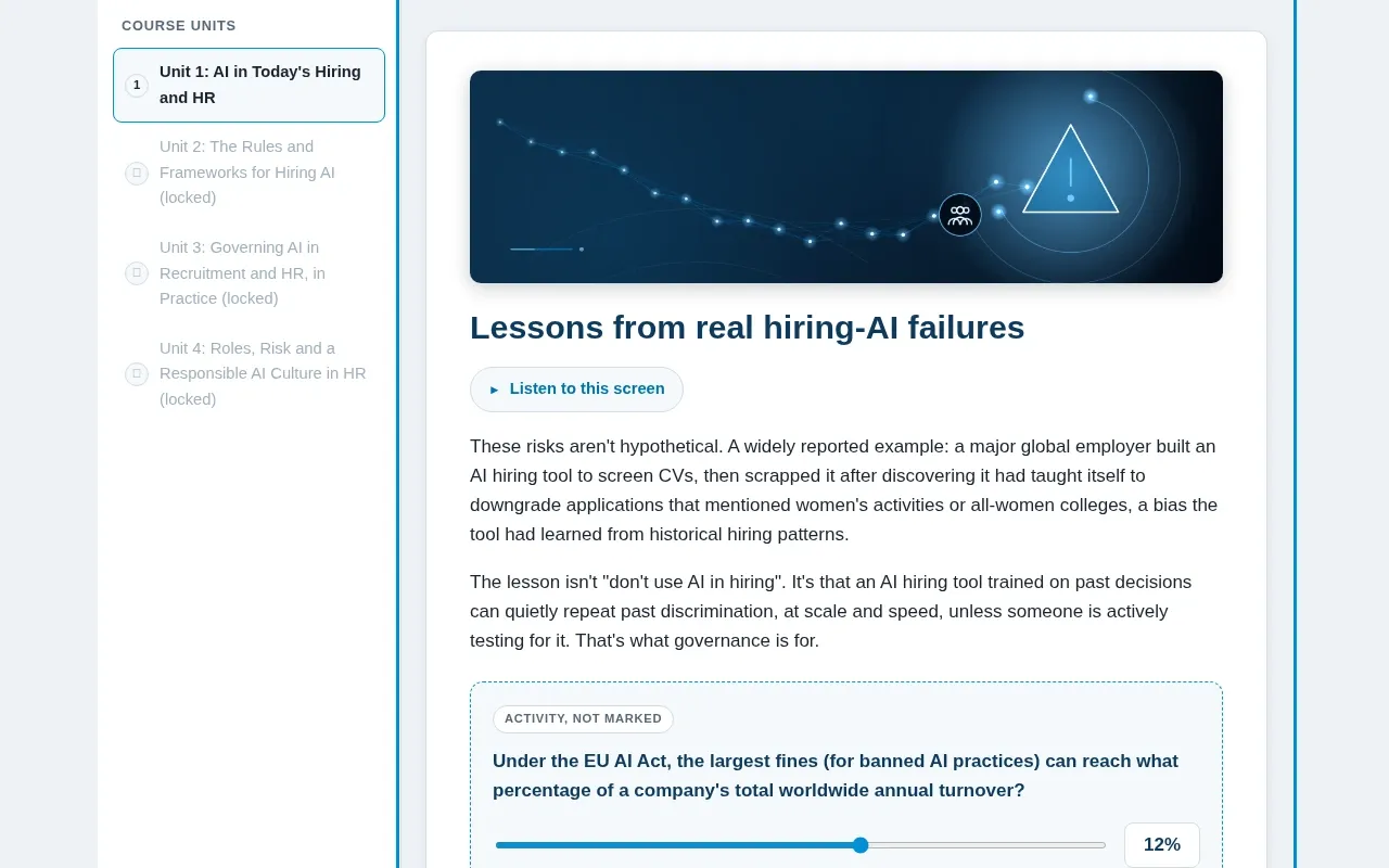 AI Governance for HR & Recruitment course screen: an interaction from the course