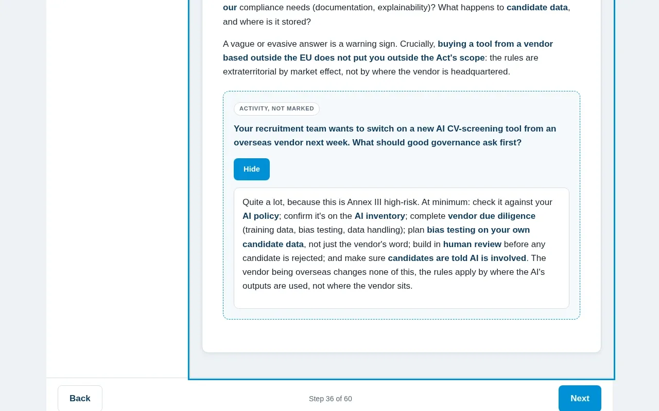 AI Governance for HR & Recruitment course screen: an interaction from the course