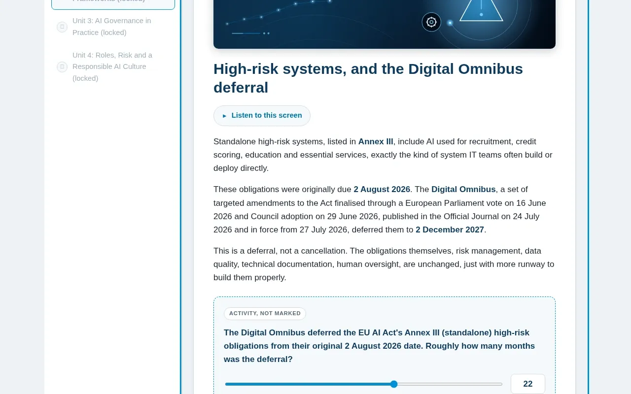 AI Governance for IT & Data Teams course screen: an interaction from the course