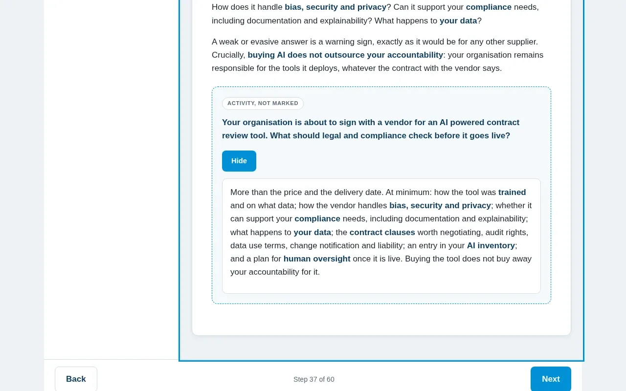 AI Governance for Legal & Compliance Teams course screen: an interaction from the course