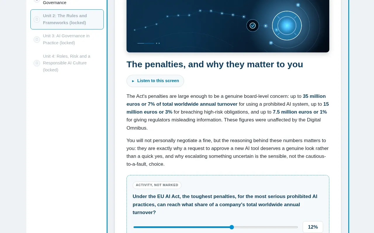 AI Governance for Managers & Leaders course screen: an interaction from the course