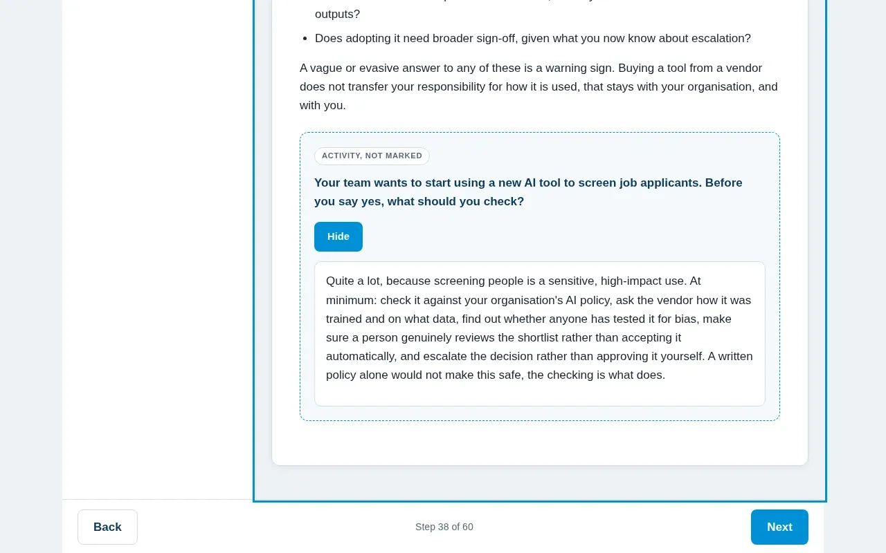 AI Governance for Managers & Leaders course screen: an interaction from the course