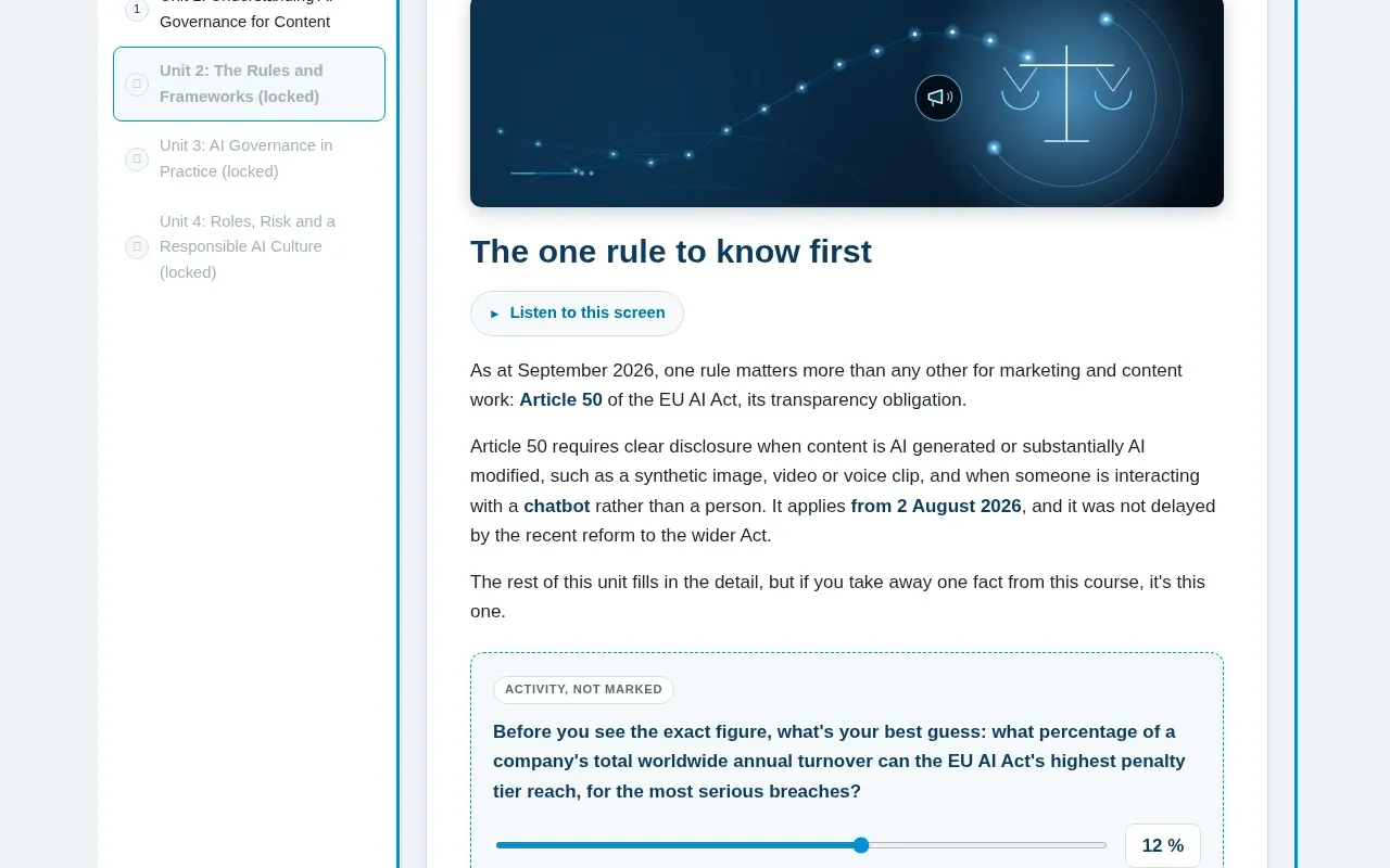 AI Governance for Marketing & Content Teams course screen: an interaction from the course