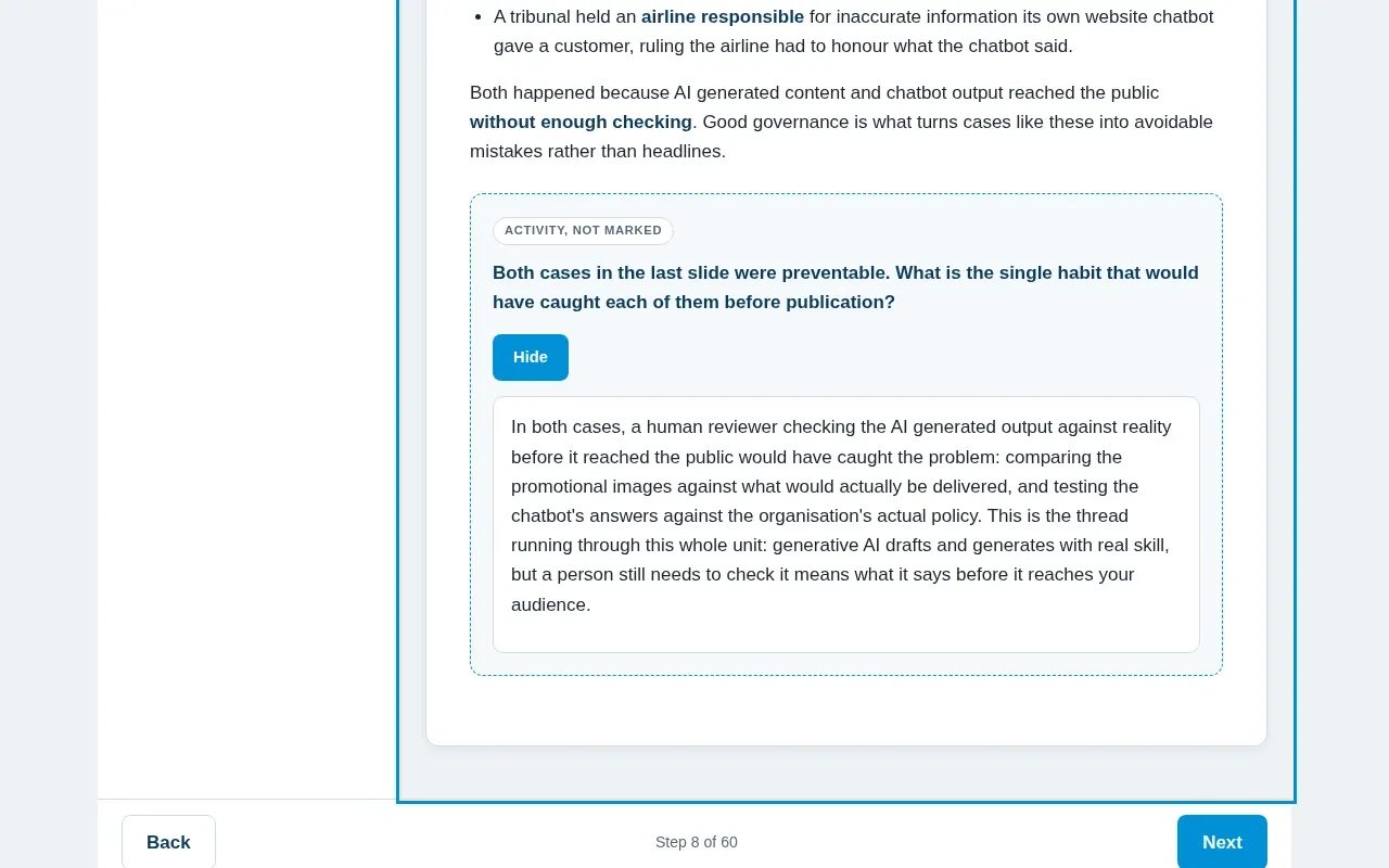 AI Governance for Marketing & Content Teams course screen: an interaction from the course