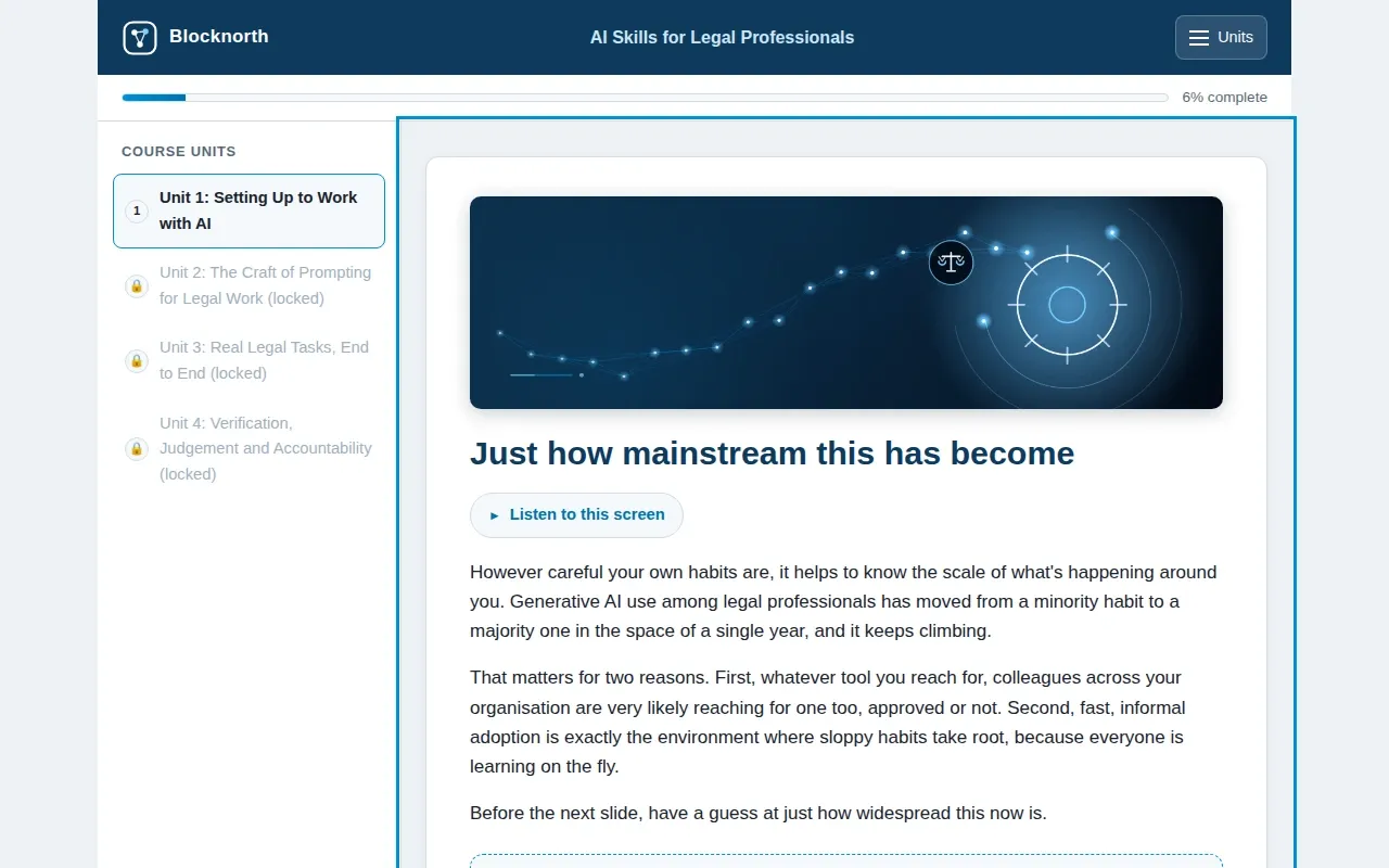 AI Skills for Legal Professionals course screen: an interaction from the course