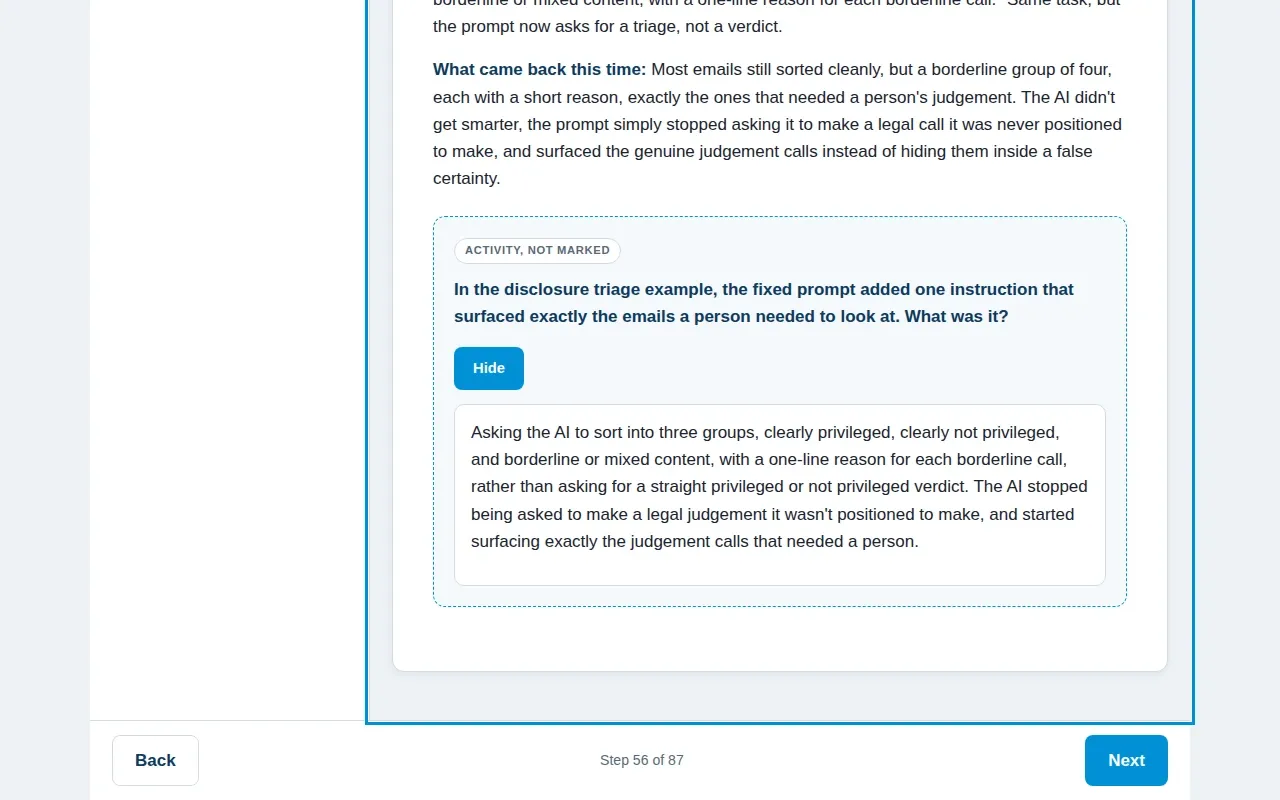 AI Skills for Legal Professionals course screen: an interaction from the course
