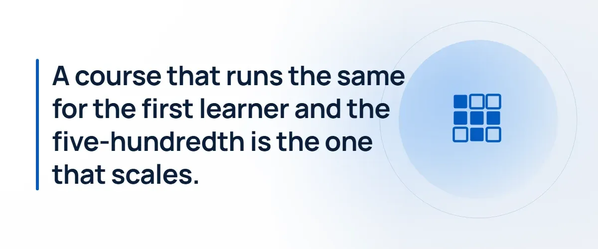 A course that runs the same for the first learner and the five-hundredth is the one that scales.
