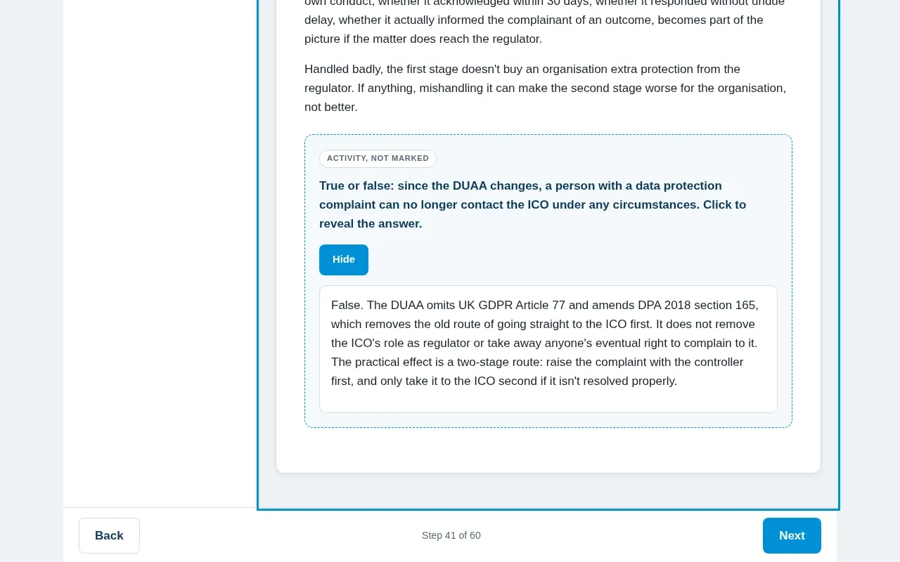 Beyond GDPR: The 2026 UK Data Rules You Can't Ignore course screen: an interaction from the course