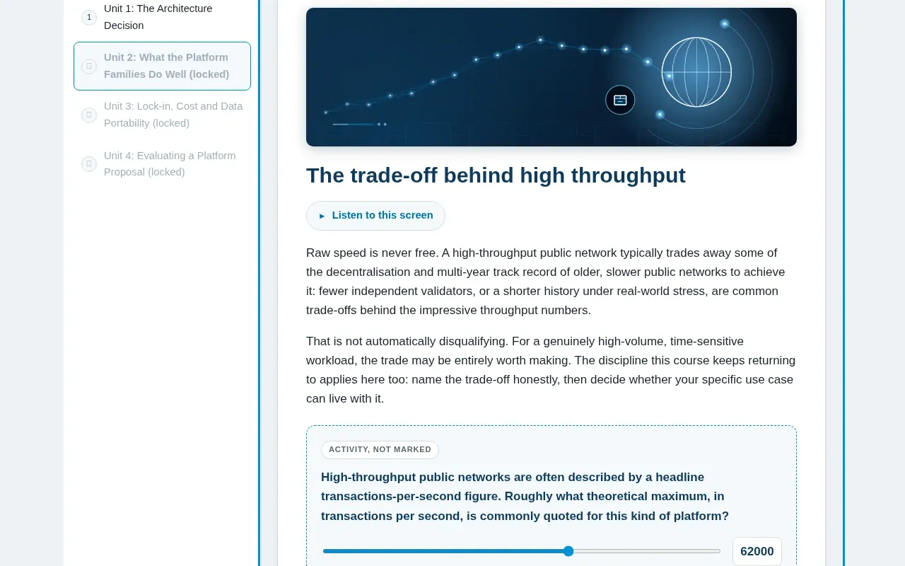 Blockchain Development Platforms for Business course screen: an interaction from the course