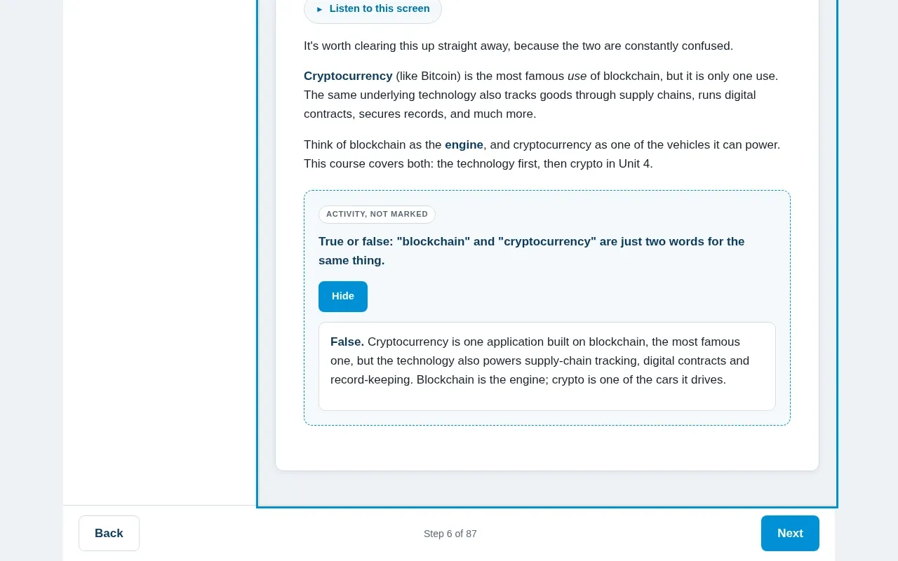 Blockchain for Business 101 course screen: an interaction from the course
