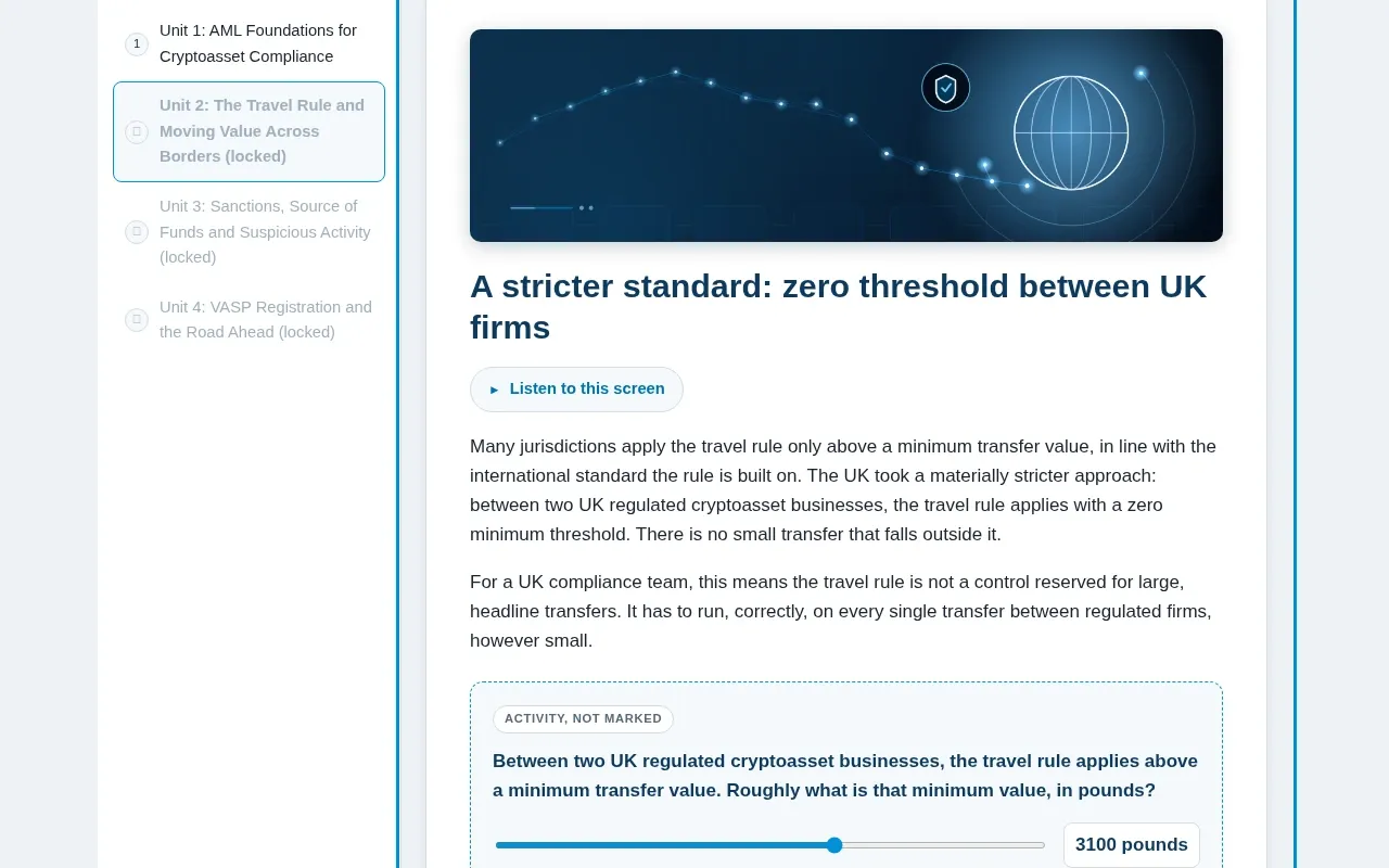 Blockchain for Compliance & Financial Crime Teams course screen: an interaction from the course