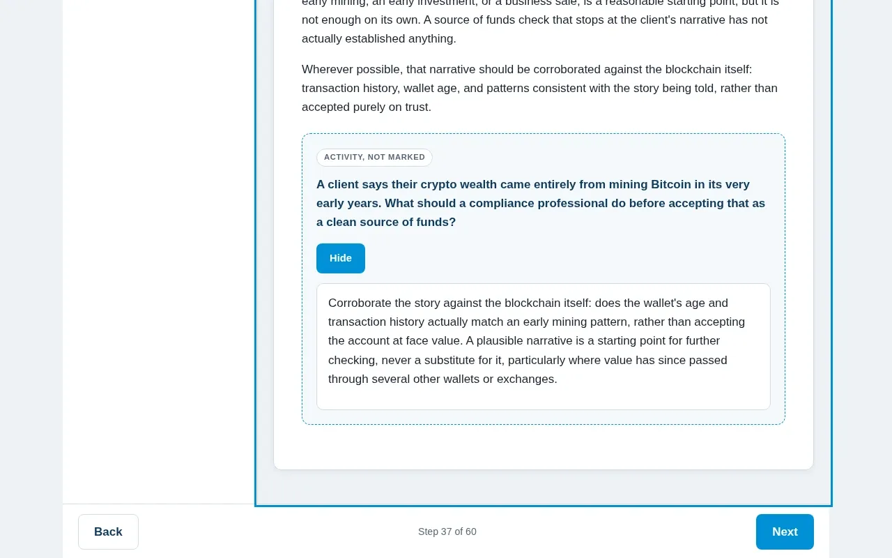 Blockchain for Compliance & Financial Crime Teams course screen: an interaction from the course