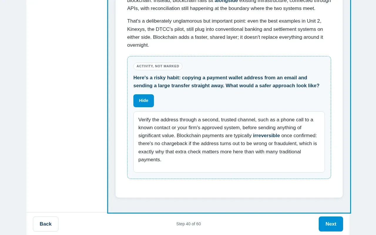 Blockchain for Finance course screen: an interaction from the course