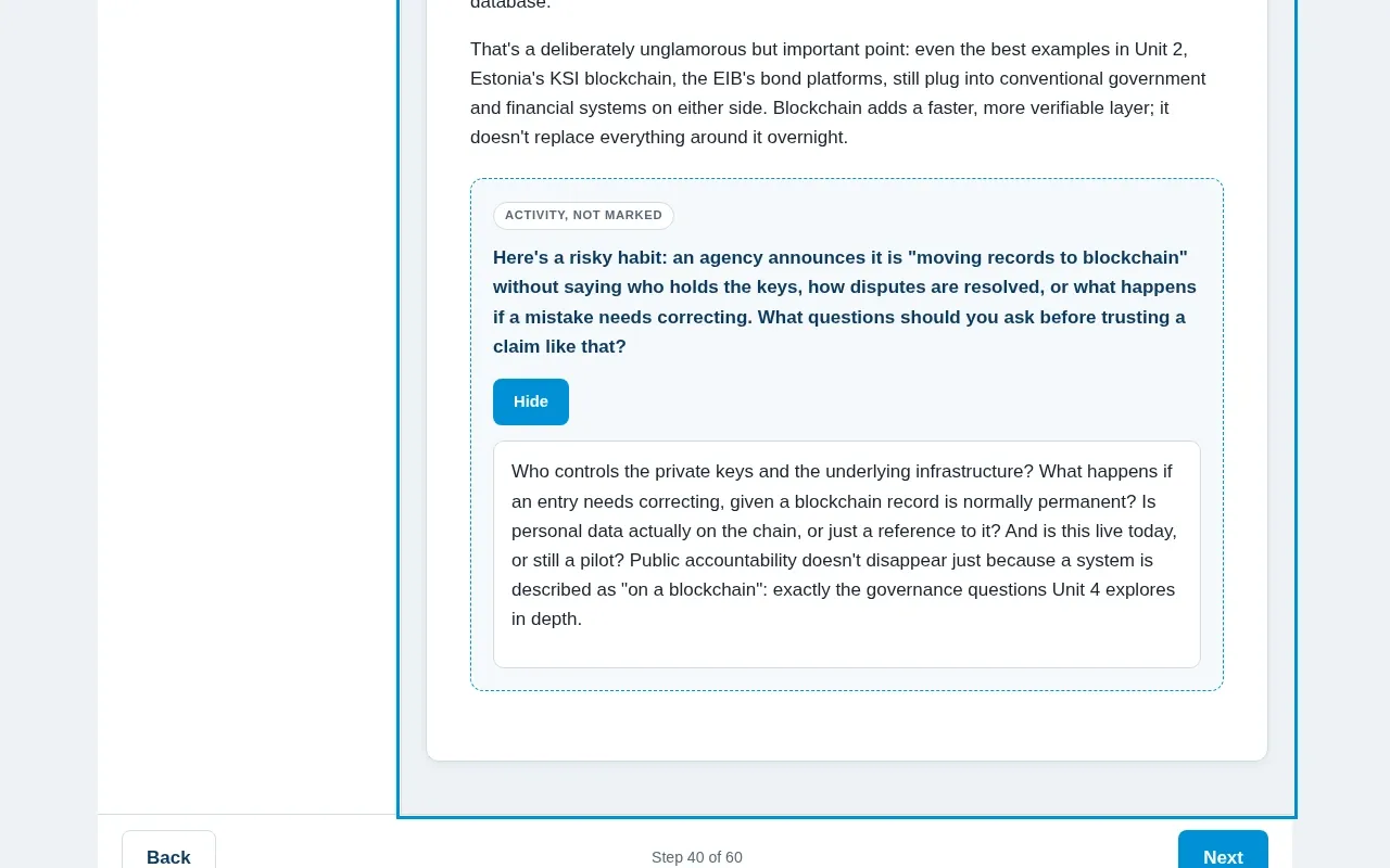 Blockchain for Government & Public Sector course screen: an interaction from the course
