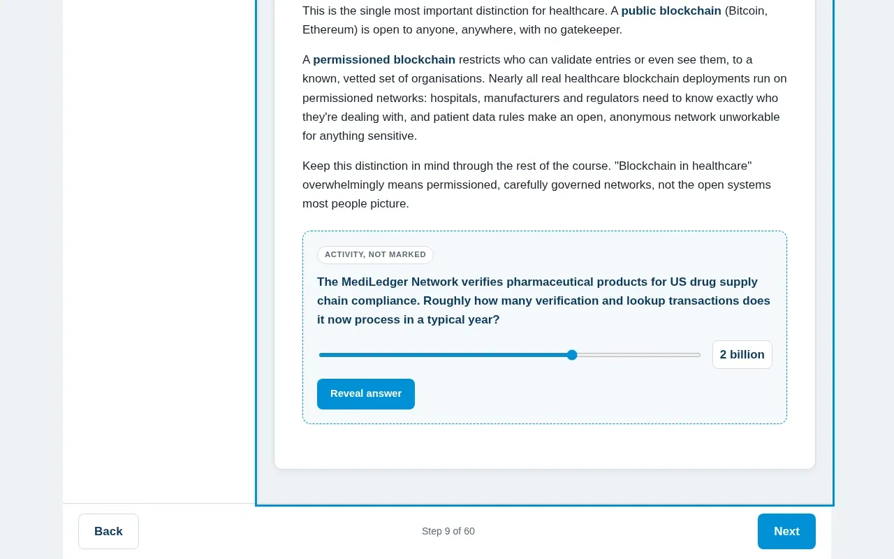 Blockchain for Healthcare course screen: an interaction from the course
