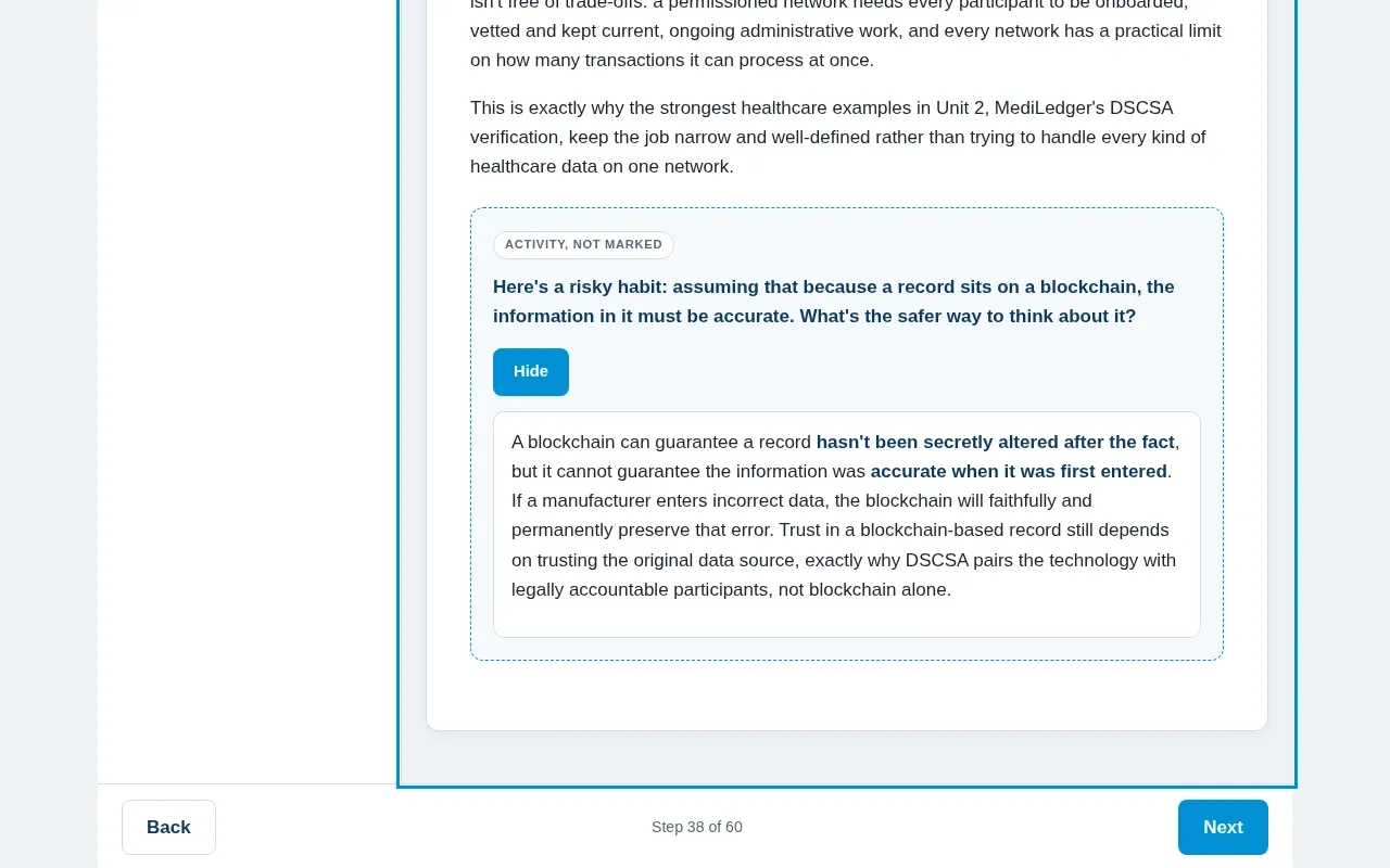 Blockchain for Healthcare course screen: an interaction from the course