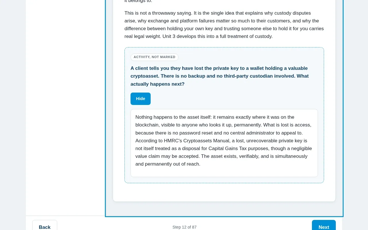 Blockchain for Law course screen: an interaction from the course