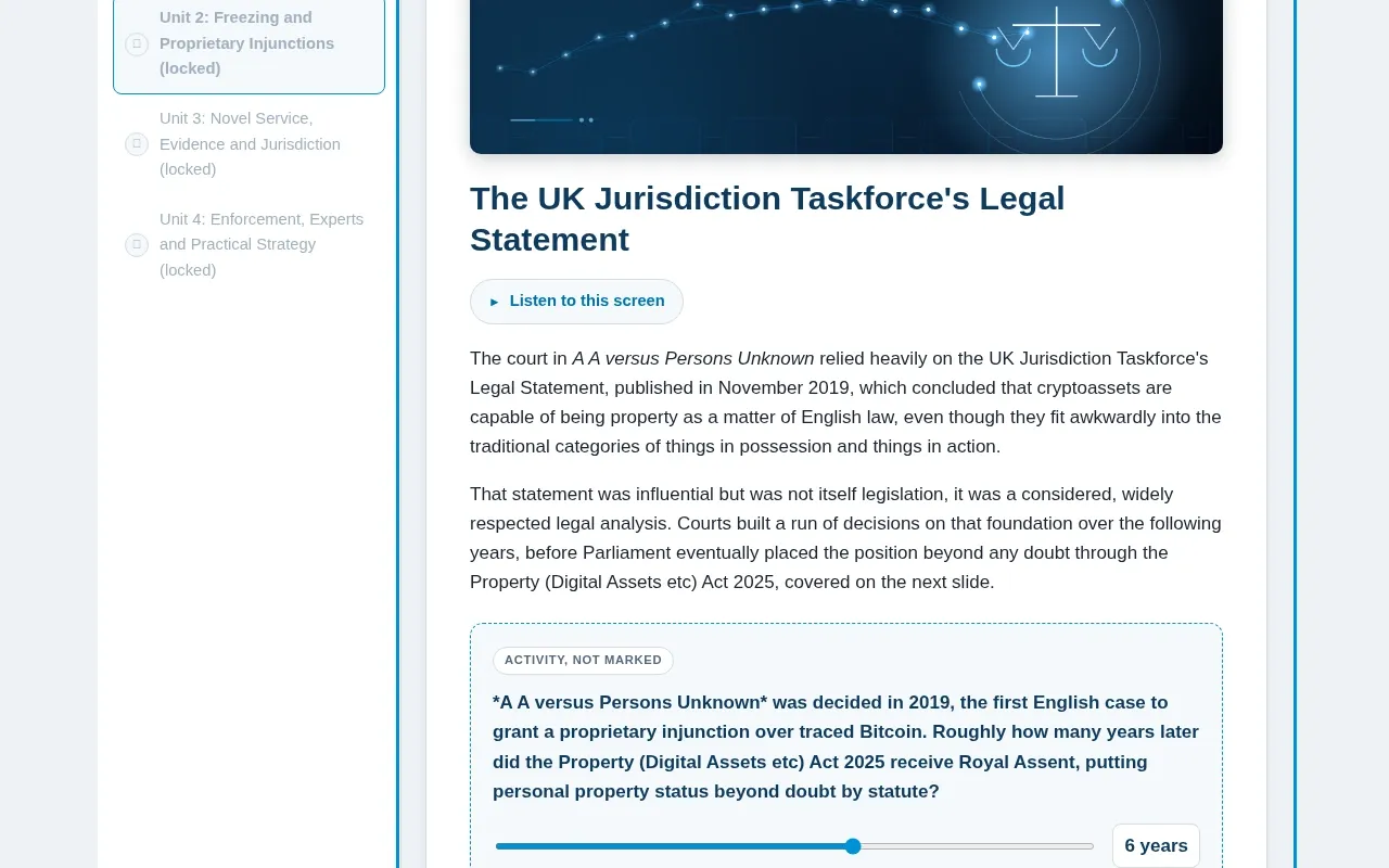 Blockchain for Litigation & Disputes course screen: an interaction from the course