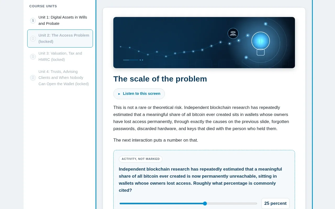 Blockchain for Private Client & Estates course screen: an interaction from the course