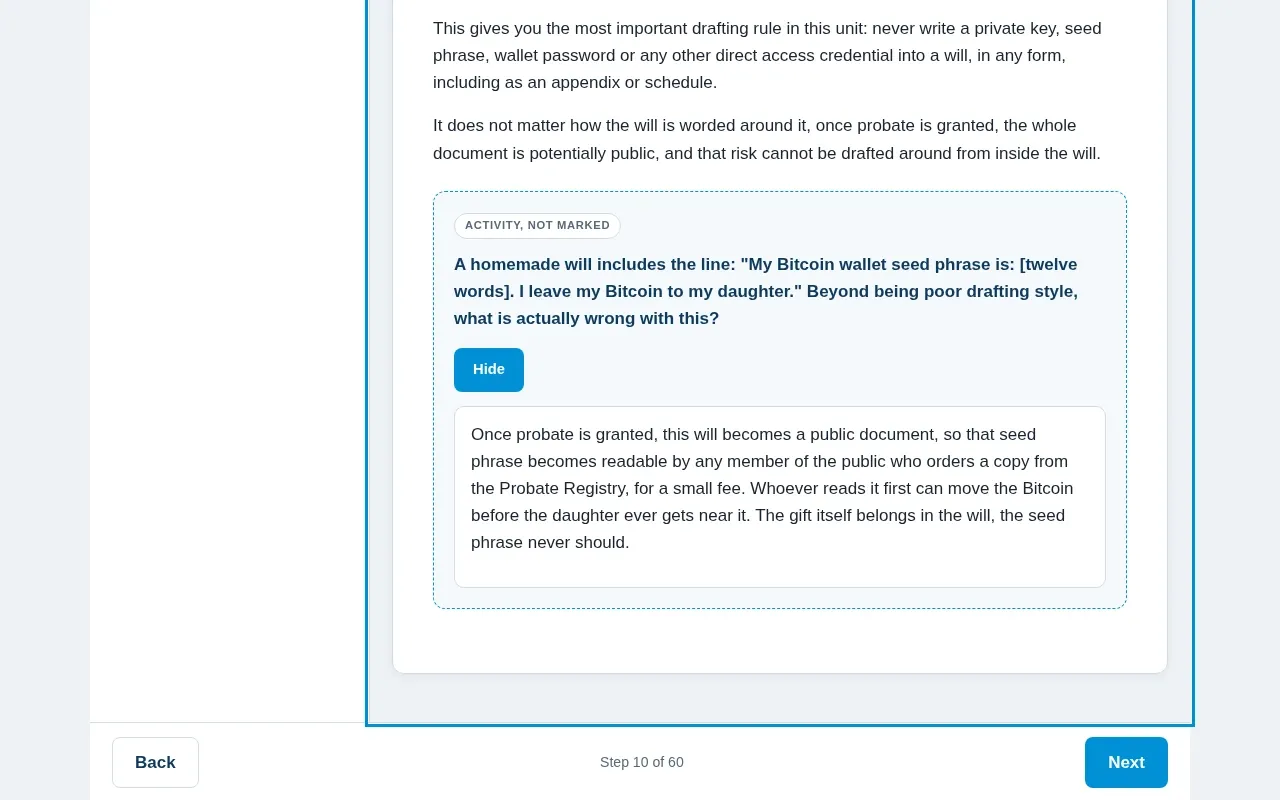 Blockchain for Private Client & Estates course screen: an interaction from the course
