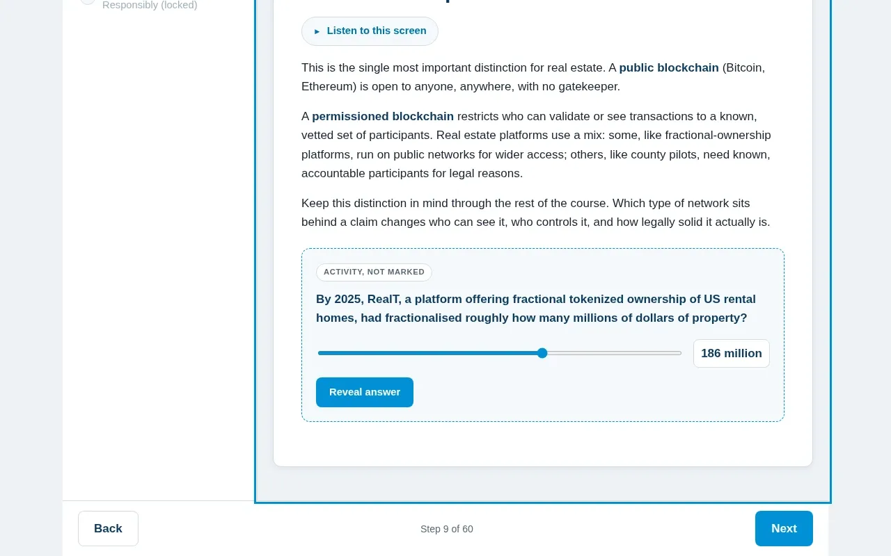 Blockchain for Real Estate course screen: an interaction from the course