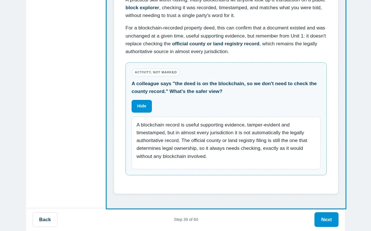 Blockchain for Real Estate course screen: an interaction from the course