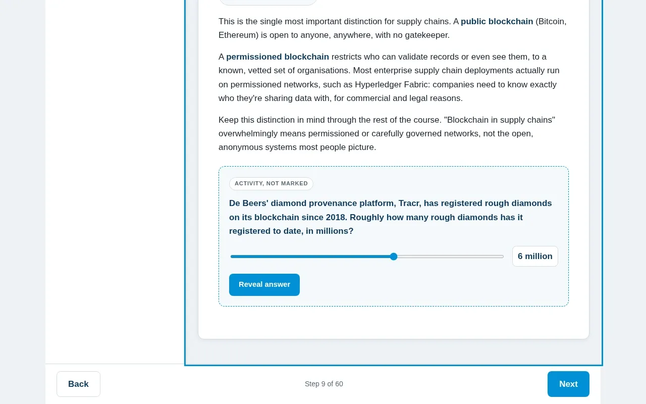 Blockchain for Supply Chain & Logistics course screen: an interaction from the course