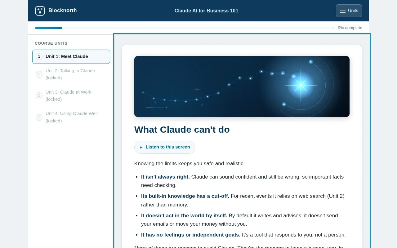 Claude AI for Business 101 course screen: an interaction from the course