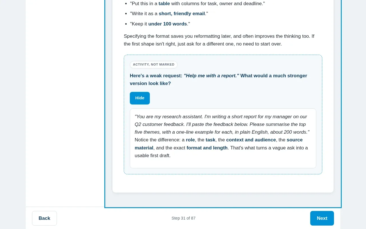 Claude AI for Business 101 course screen: an interaction from the course