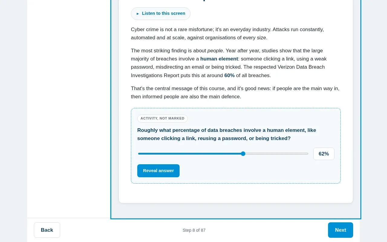 A screen from the Cyber Security for Business 101 course