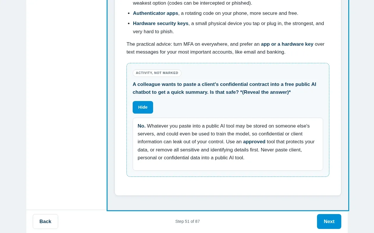 Cyber Security for Business 101 course screen: an interaction from the course