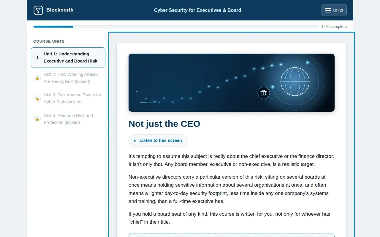 Cyber Security for Executives & Board course screen: an interaction from the course