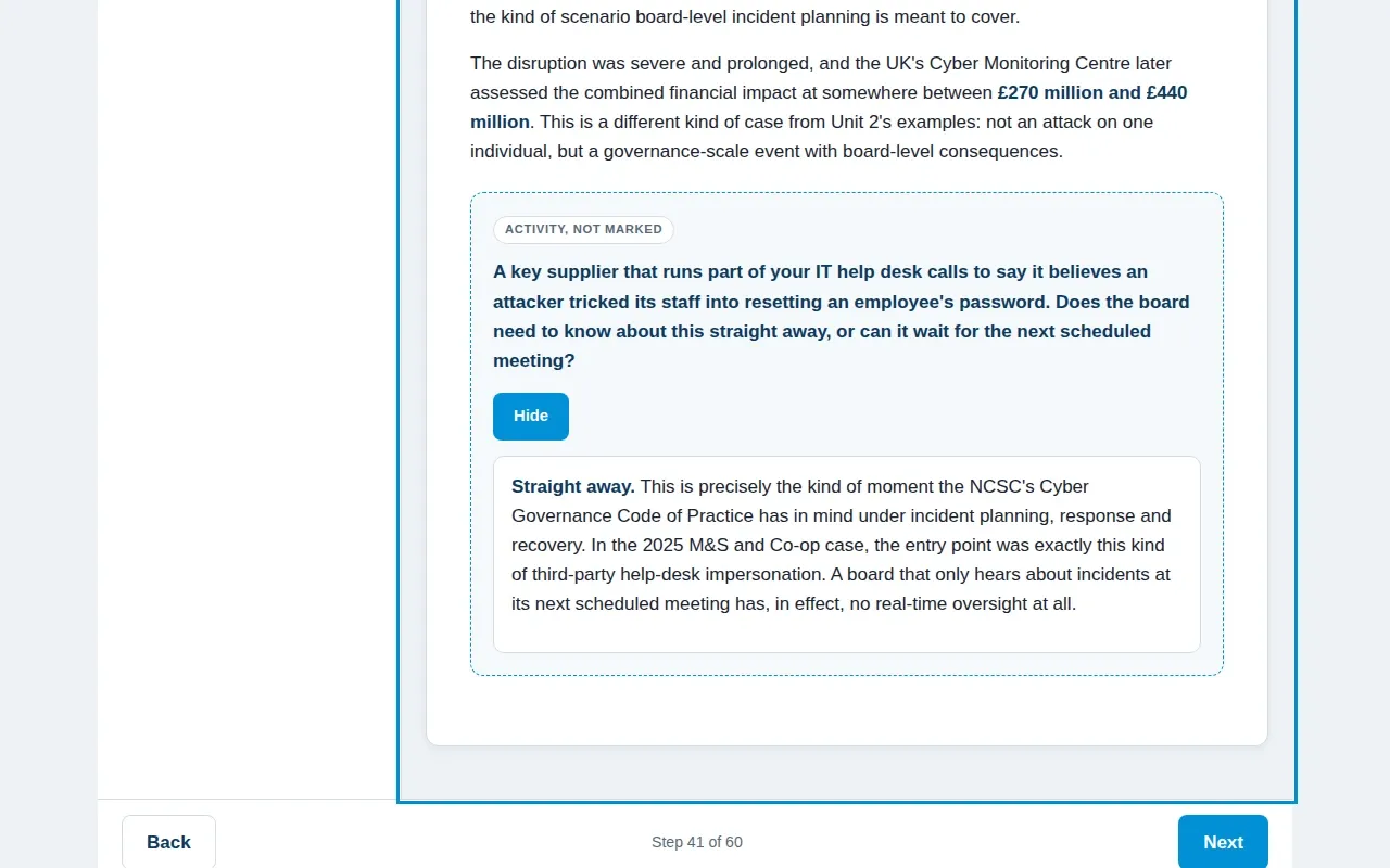 Cyber Security for Executives & Board course screen: an interaction from the course