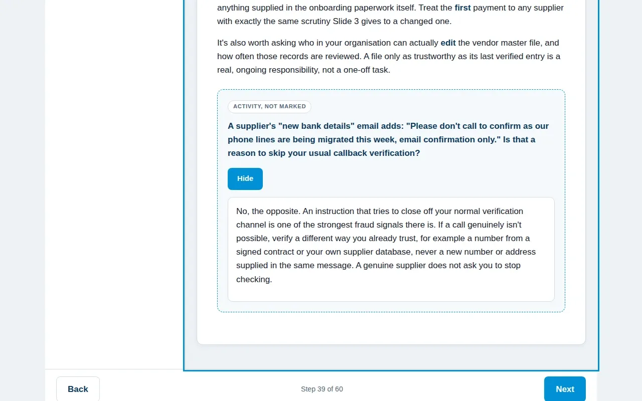 Cyber Security for Finance Teams course screen: an interaction from the course
