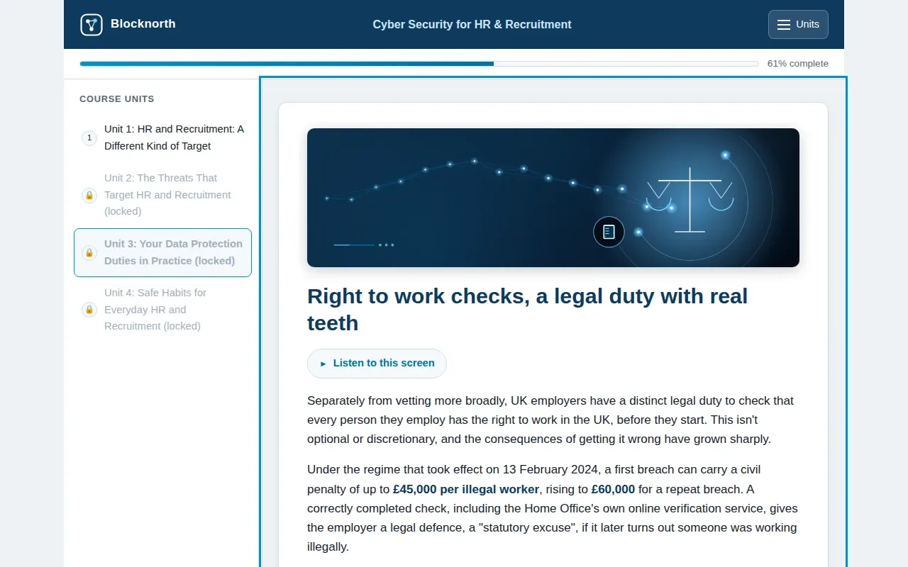 Cyber Security for HR & Recruitment course screen: an interaction from the course