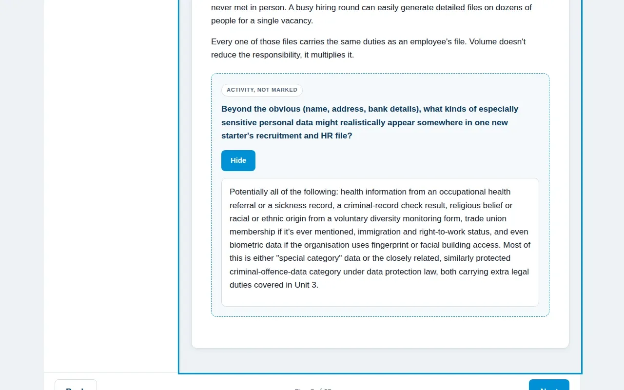 Cyber Security for HR & Recruitment course screen: an interaction from the course